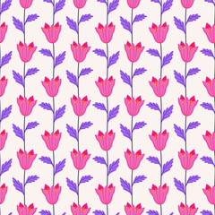 Pink field bells with violet leaves on a beige background, seamless pattern. Summer floral vector illustration. Spring meadow botanical print, wildflower wallpaper, fabric. Modern style design