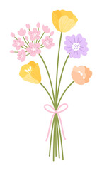 Bunch wildflowers. Vector illustration of floral bouquet. Flowers tied with ribbon. Meadow herbs, and wild plants for design projects