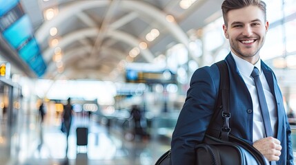 Smiling Businessperson at Airport in Professional Attire with Departure Signs in Background