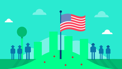 Obraz premium Monument with American flag fluttering in the wind. Monument with American flag flying high.