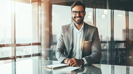 Smiling Businessperson in Meeting Room with Notepad and Pen in Professional Attire on Light Background
