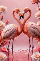 Naklejka premium Two flamingos facing each other forming a heart shape surrounded by roses.