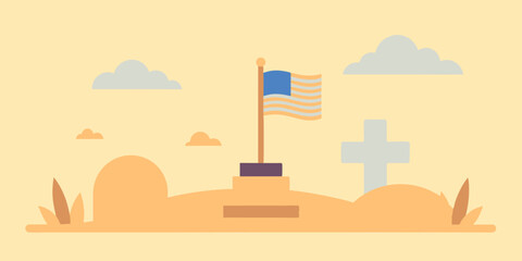 American flag waving over the monument on a sunny day. The patriotic scene with American flag atop a monument.