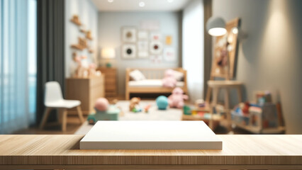 an empty wooden table top with a blurred kindergarten playroom background.