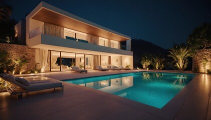 Fototapeta premium Night view of beautiful villa on island Luxury house with swimming pool at night Luxury house with swimming pool at night