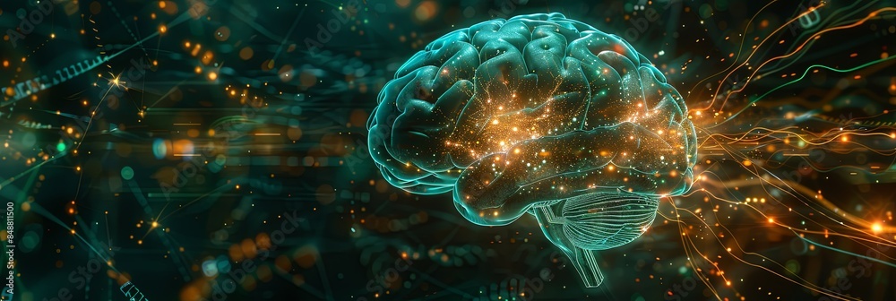 Leinwandbilder An abstract visualization depicting the fusion of human intelligence and artificial intelligence, showcasing a human brain interwoven with digital elements and neural networks. Generative AI