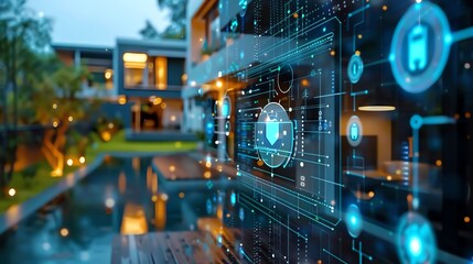 A modern home with a swimming pool, illuminated by the setting sun, with digital interface overlay showing smart home features.