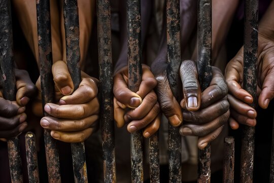 A photograph showing a row of various hands holding onto prison bars up close symbolizes unity and imprisonment, reflecting themes of confinement and support