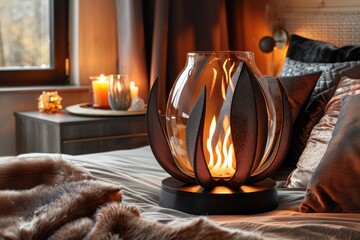 Minimalist Style Table Lamp with Fireplace Glass and Flame Metaphor