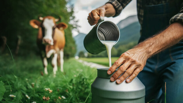 farmer pouring milk into a can, with a meadow and a cow in the background.