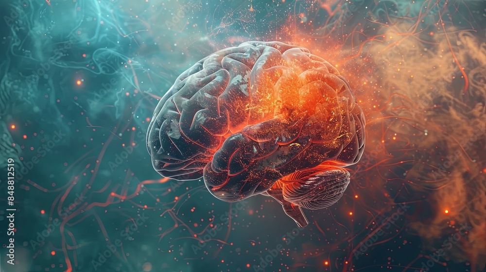 Aufkleber Abstract visualization of a human brain with digital elements and neural networks, symbolizing the integration of human and AI intelligence. Generative AI