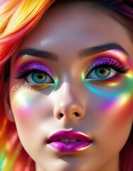 A stunning close-up portrait of a woman with vibrant rainbow makeup and colorful hair highlights, emphasizing bold beauty and creativity.. AI Generation