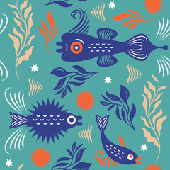 Seamless pattern with abstract fishes