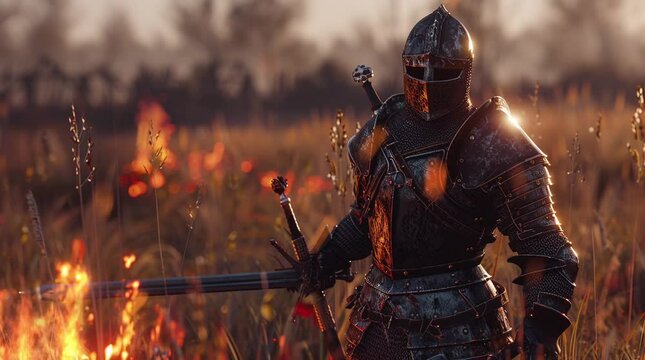 Brave European knight with sword standing on expansive grassland
Seamless looping 4k time-lapse virtual video animation background. Generated AI