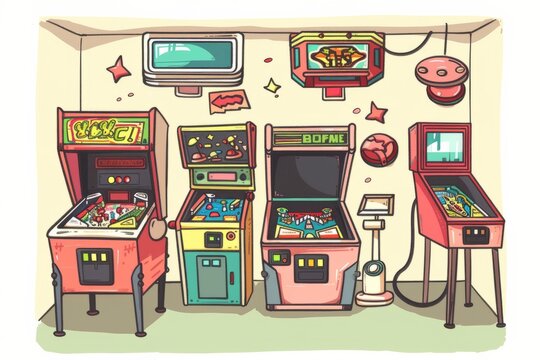 Cartoon cute doodles of a retro arcade with pinball machines and video games, Generative AI
