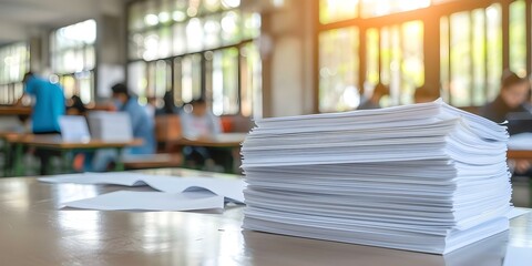 Blurry stack of exam papers on office table in classroom setting. Concept Academic Stress, Office Environment, School Supplies, Educational Background, Work Atmosphere