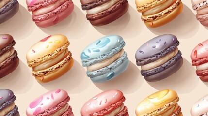 seamless pattern featuring an array of colorful macarons arranged in a repeating grid.