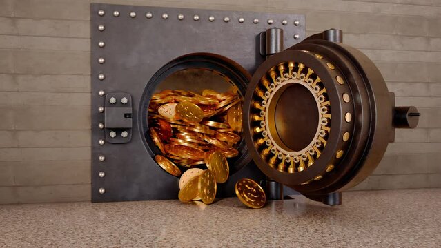 Animation of a heavy door opening in a bank safe from which gold coins with a dollar sign spill out. 3D render.