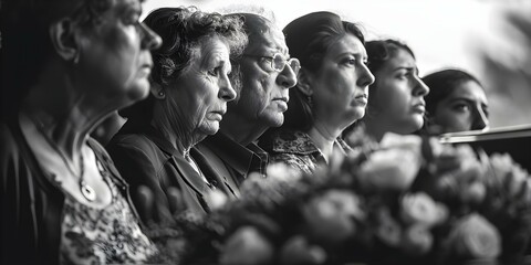 Grieving family surrounds closed coffin at funeral in black and white photo. Concept Grief, Family, Funeral, Mourning, Black and White Photo