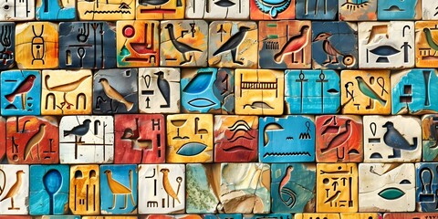 Obraz premium Ancient Egyptian hieroglyphs on temple wall depicted in neural network art. Concept Hieroglyphs, Egyptian Temple, Neural Network Art, Historical Collage