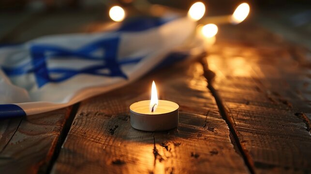 Burning candle and flag of Israel on black table, Holocaust memory day , War of Israel and Palestine, Generative AI