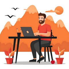 A man with a beard and glasses is sitting at a black table with a laptop