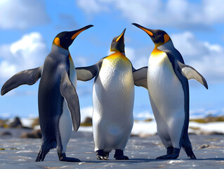 Obraz premium A close up view of three penguins standing with spreading wings