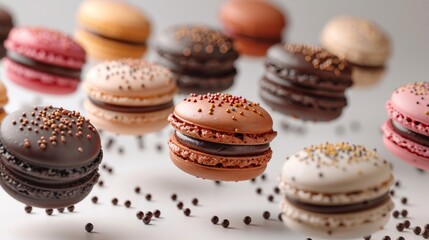 Various Colorful of Macarons Floating on the Air on White background