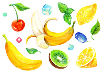 Set of watercolor illustrations with fresh fruits: bananas, cherry, kiwi, lemon, mint leaves and ice cubes. Transparent background. PNG.