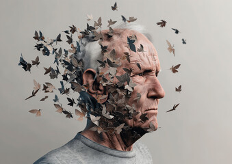 3d render of Senior man losing parts of head as symbol of decreased mind function