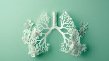 x ray image of lungs,White paper cut art style human lungs shape on light green background. Top view. Respiratory health, pulmonary function, health diagnostic concept