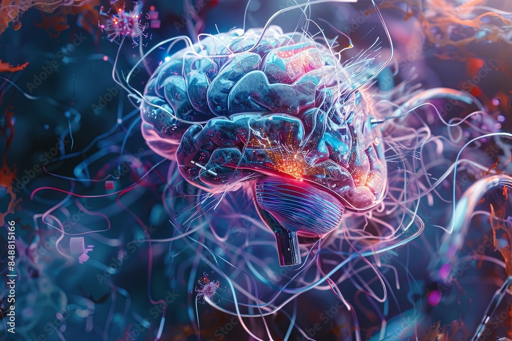 Aufkleber a 3d rendering of a human brain integrated with digital elements and neural networks, representing t