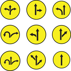 set yellow split y road turn left right right arrow traffic warning caution sign icon. exclamation, hazard sign symbol logo design for web mobile isolated white background illustration.
