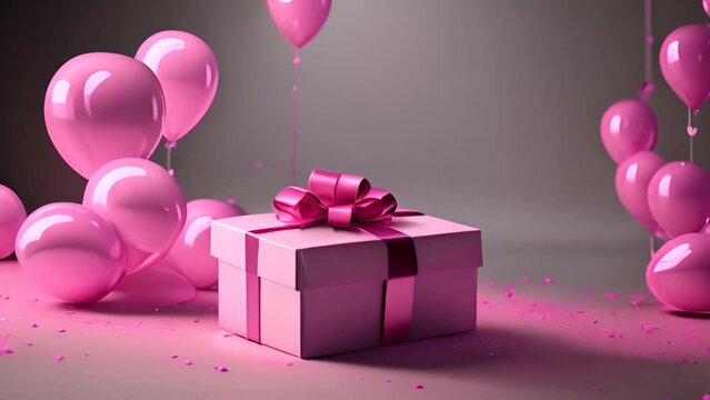 Pink Gift Box With Balloons and Confetti Generative AI