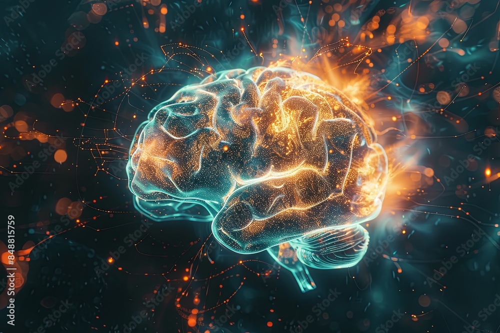 Poster An abstract visualization of a human brain integrated with digital elements and neural networks, symbolizing the fusion of human intelligence and AI. Generative AI