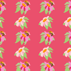 Seamless pattern bee flower Red background wild flowers postcard poster banner Spring summer Fabric clothes wrapping wallpaper template Textile