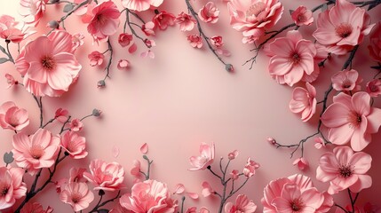 Fototapeta premium pink flowers frame,A decorative floral frame on a pink background perfect for elegant wedding invitations or sophisticated stationery