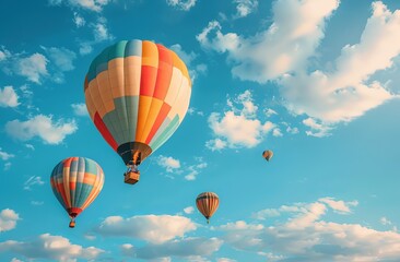 Naklejka premium Hot Air Balloon Ride in blue sky white clouds background for wide banner of travel agency or adventure tour,Aerostat flying above clouds,International Balloon Fiesta.