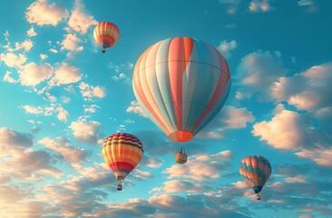 Hot Air Balloon Ride in blue sky white clouds background for wide banner of travel agency or adventure tour,Aerostat flying above clouds,International Balloon Fiesta.