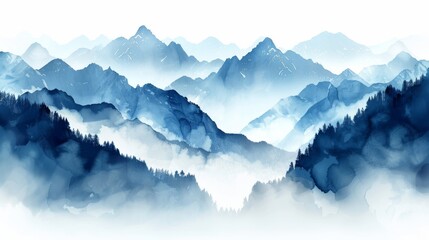 A painting depicting a majestic mountain range with lush trees in the foreground