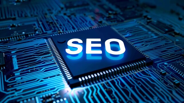 A glowing digital text seo on top of circuit board