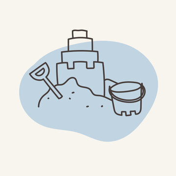 recommend clip art: Illustration of a sand castle, a shovel and a bucket. Perfect for summer and travel designs.