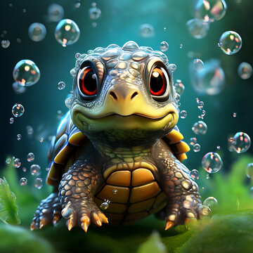 A 3D rendering of a cute turtle encased in translucent bubbles