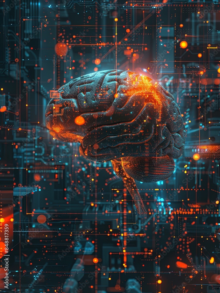 Aufkleber abstract artwork depicting a human brain integrated with digital elements and neural networks, repre