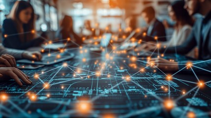 A busy team working in an office, interconnected by a network of glowing digital nodes and lines overlaying a dark, futuristic interface.