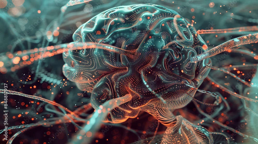 Fototapete a digital rendering of a human brain integrated with ai, showcasing the potential for merging human 
