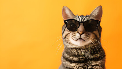 Cute Bengal cat in sunglasses on orange background, closeup. Space for text