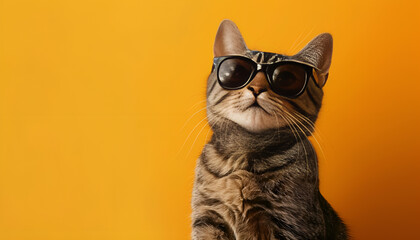 Cute Bengal cat in sunglasses on orange background, closeup. Space for text