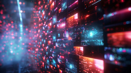 Obraz premium Digital information systems shown in a futuristic 3D landscape