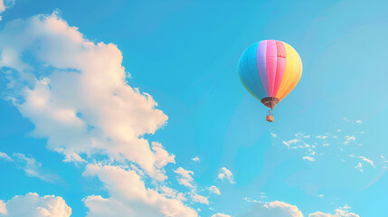 Hot air balloon flying above clouds. Adventure and travel,Colorful hot air balloon is flying in the blue sky above the trees,Colourfull balloon festival in the sky
